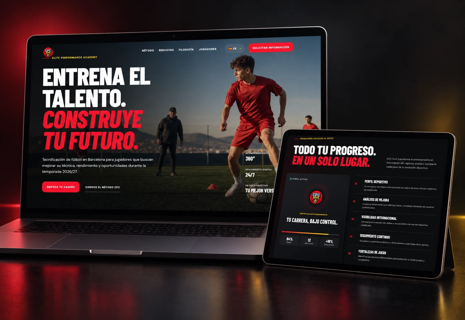 Mockup del proyecto web CFC Barcelona mostrado en un portátil y una tableta