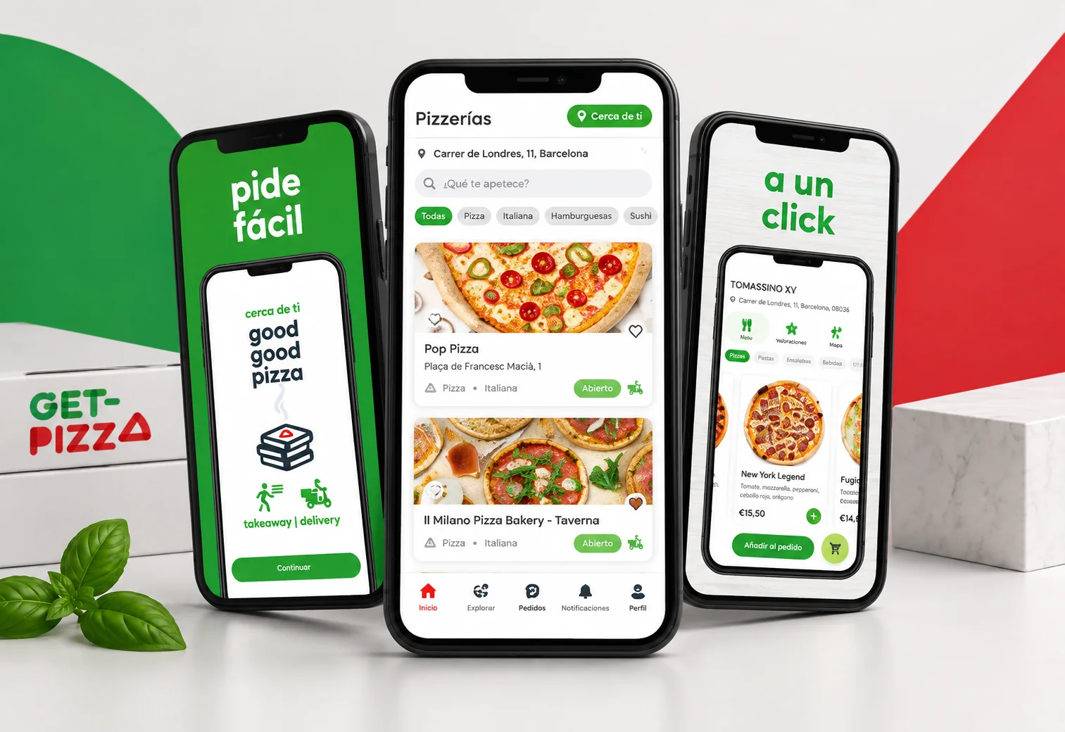 Mockup de la aplicación GET-PIZZA en varios teléfonos móviles